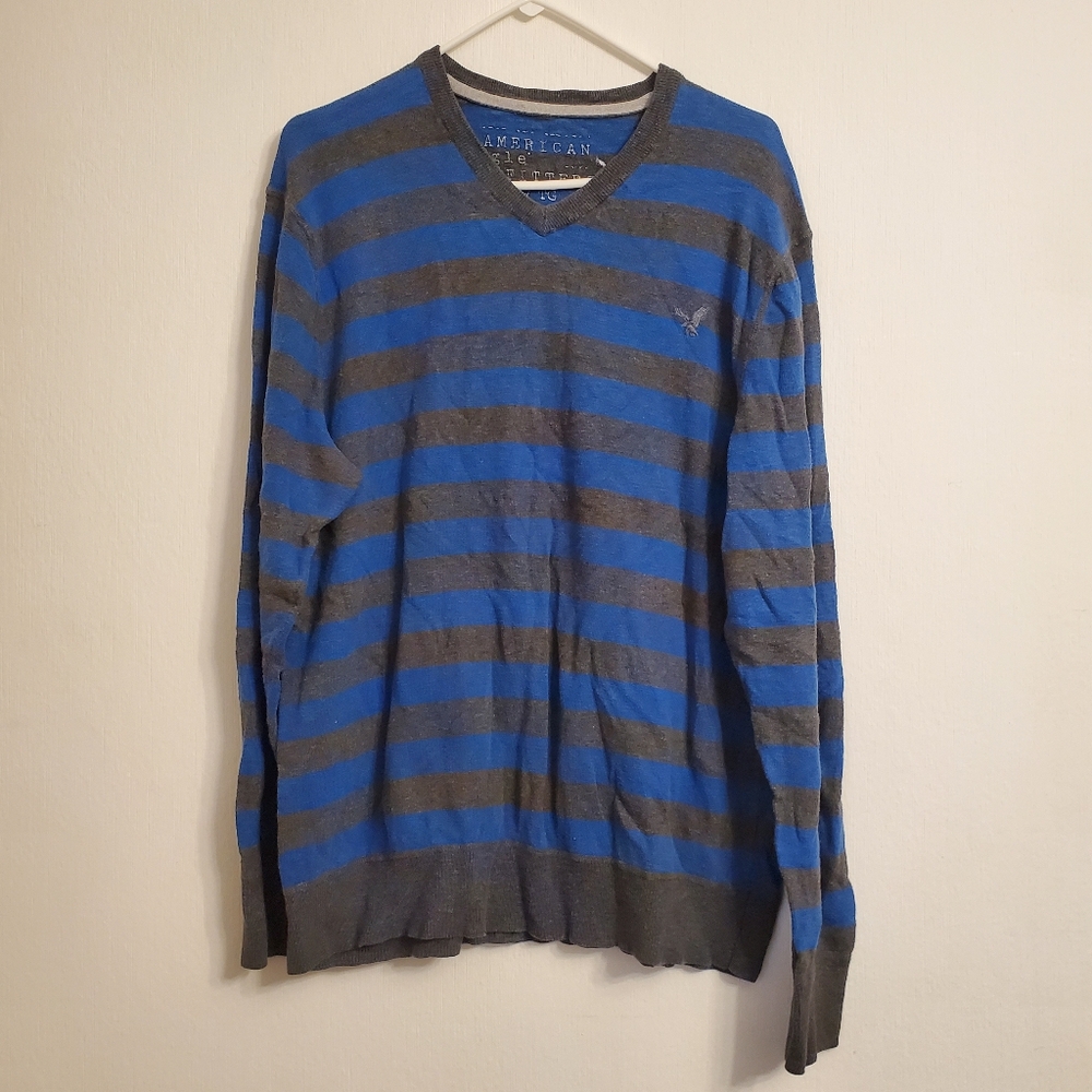 American Eagle Outfitters Mens Striped Sweater Extra Large Blue Dark Gray V Neck
